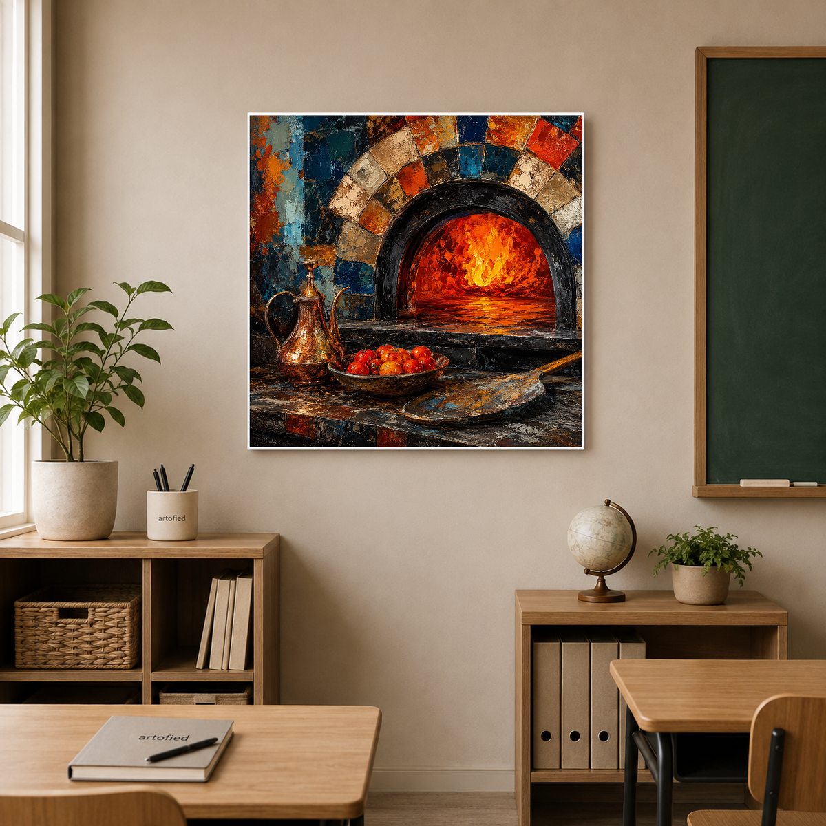 Ancient Hearth: The Potter's Fire – Kiln-fired warmth breathing through ancient tiles – Premium Metal Poster - Artofied