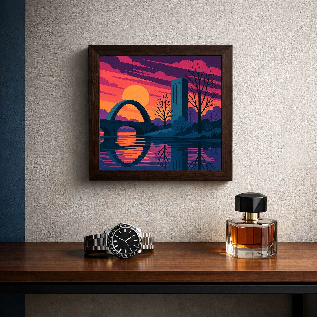 Urban Sunset Reflection – Where architecture meets the golden hour – Framed Metal Poster - Artofied