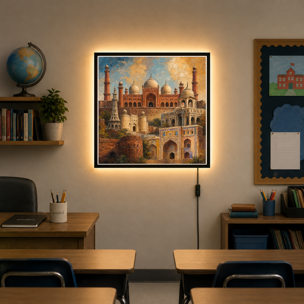 Badshahi Mosque & Lahore Fort – Golden light sanctifies Lahore's storied stones. – Photo Frame Wall Lamp - Artofied