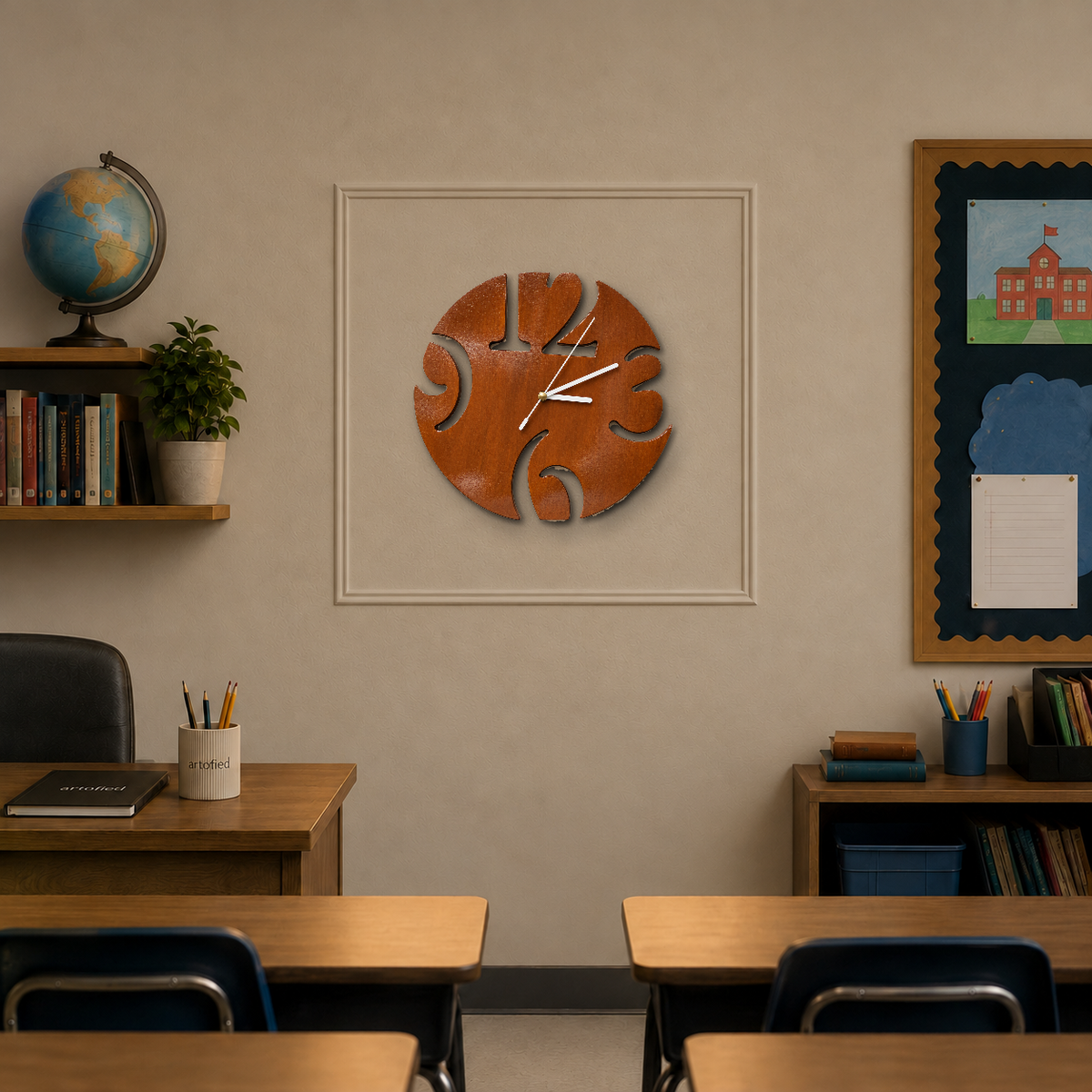 Bold Quarters Cutout wooden wall clock on a beige wall with plaster molding