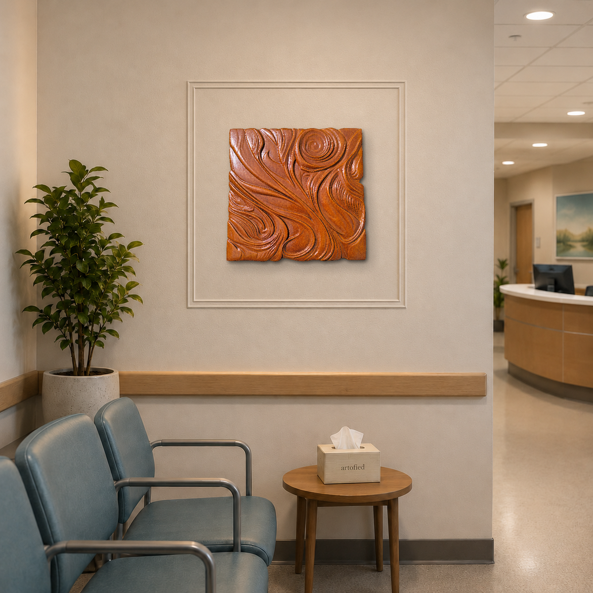 Carved Warmth: Wood Relief Flows – Swirling grain catches light in deep amber relief. – Wood Relief Wall Art - Artofied