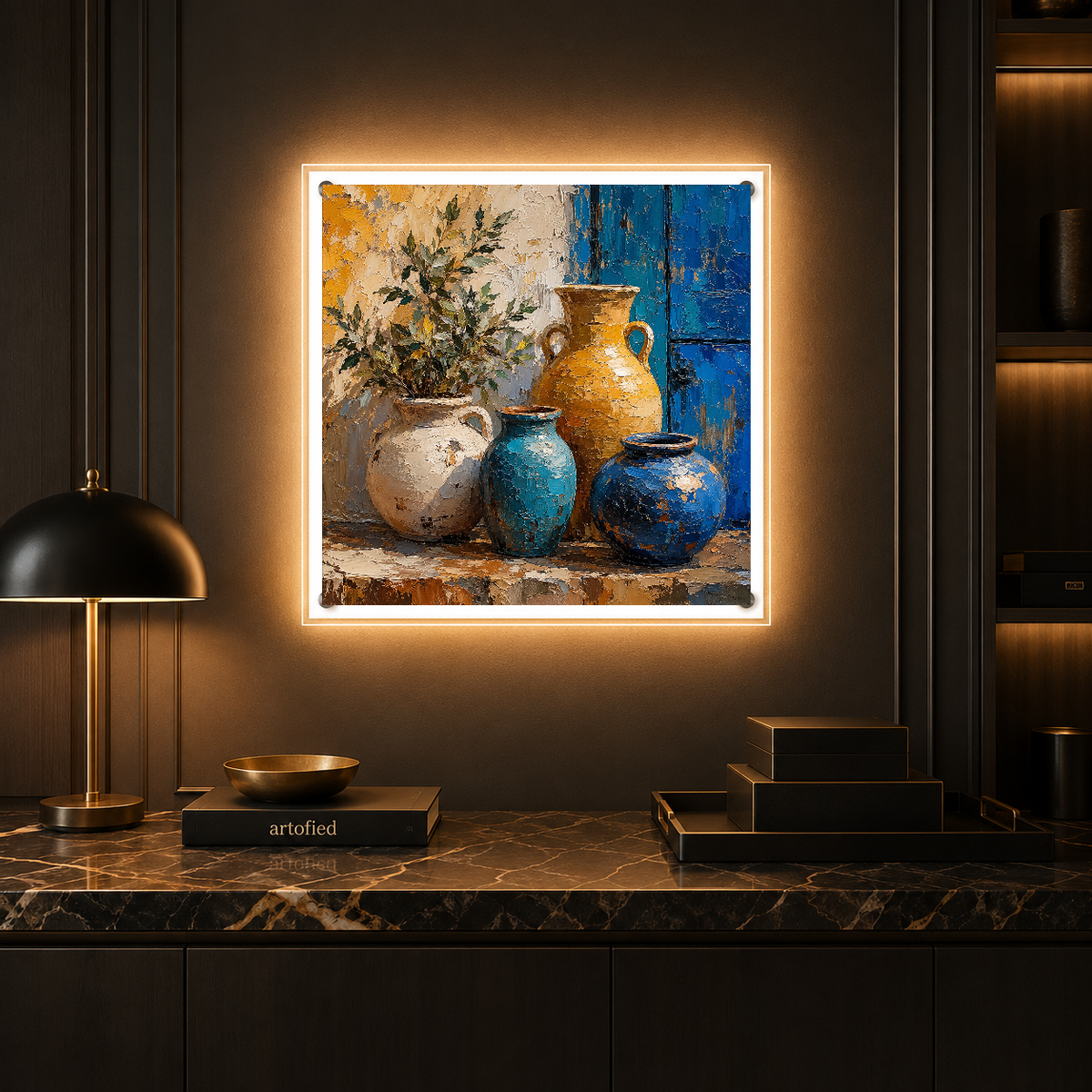 Cerulean Vessels with Olive Branches – Ochre and cobalt vessels, worn by time – Photo Frame Wall Lamp - Artofied