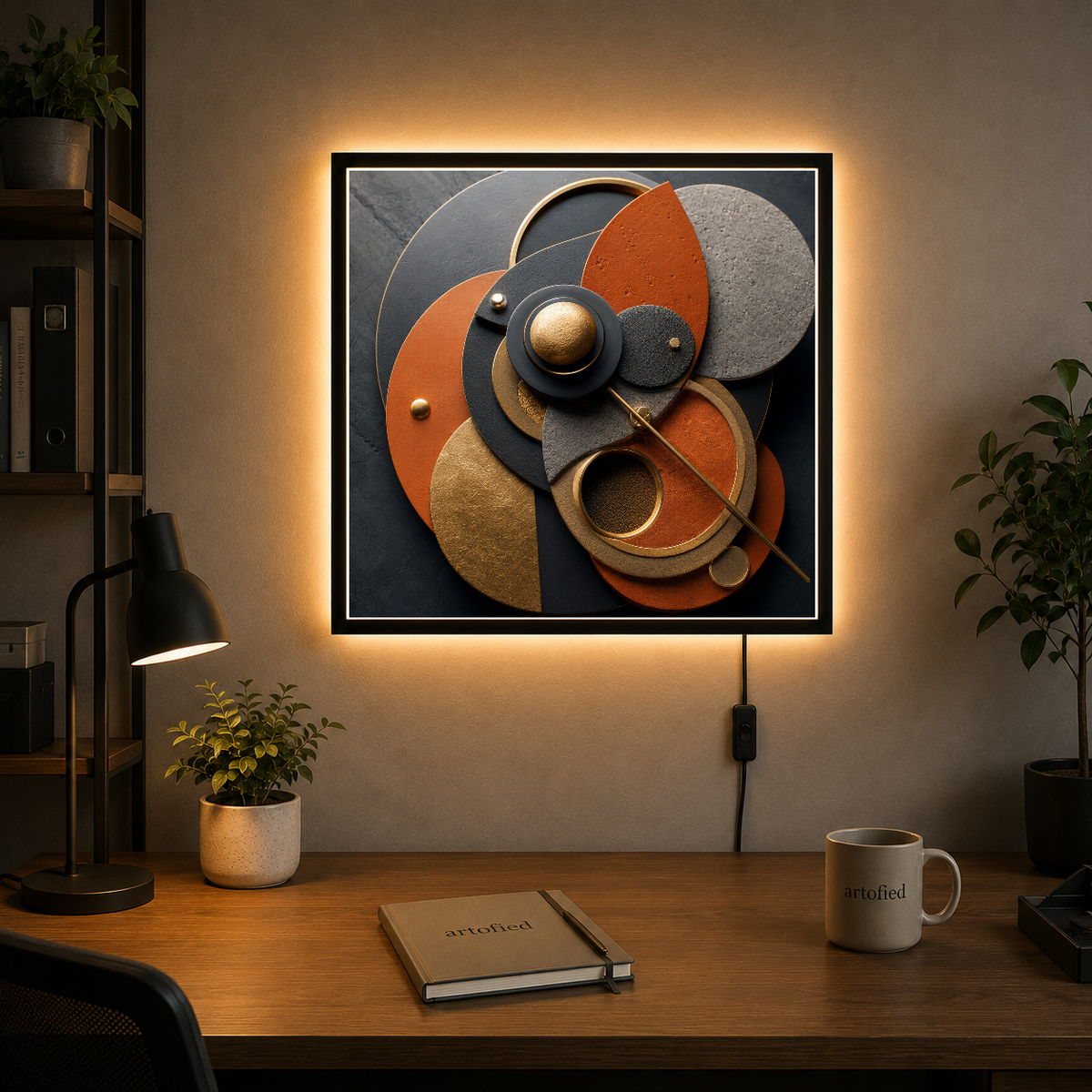 Circular Harmony in Earth and Gold – Circles catch light, holding earth and gold – Photo Frame Wall Lamp - Artofied