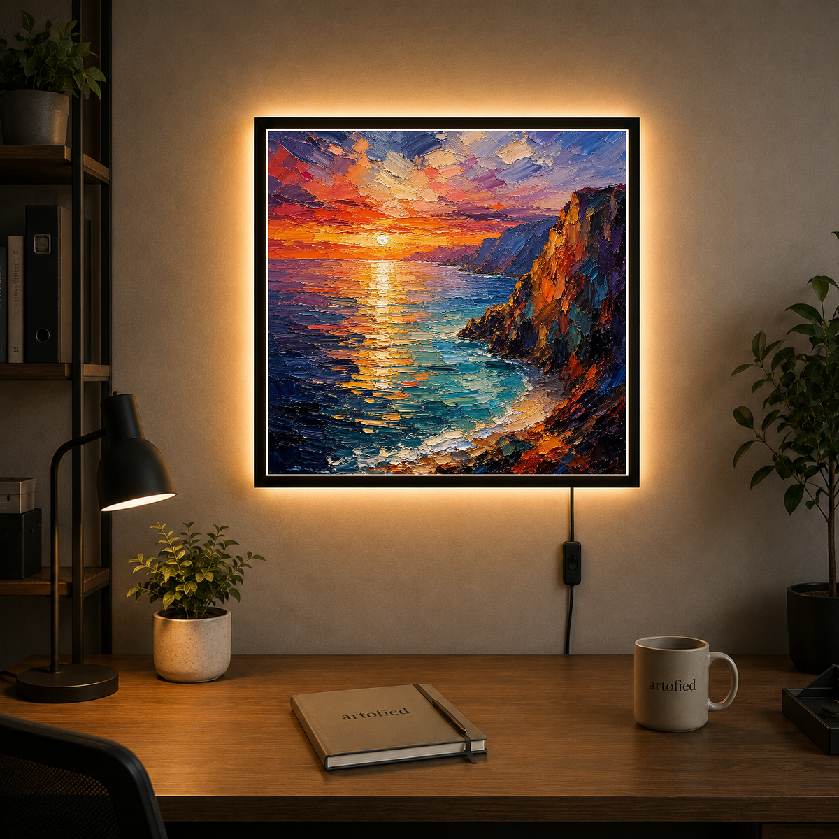 Coastal Sunset Over Rugged Cliffs – Amber sky ignites the darkening sea – Acrylic Glowing Frame - Artofied