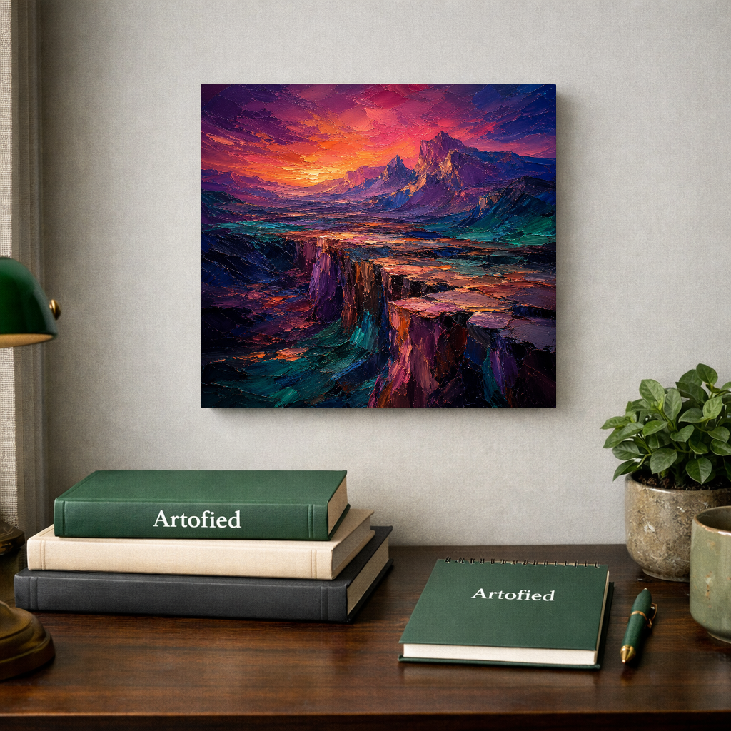 Crimson Peaks at Twilight – Where mountains meet the burning sky – Premium Metal Poster - Artofied