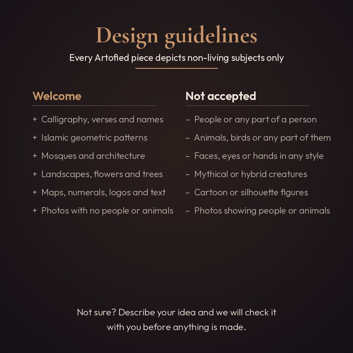 Artofied custom design guidelines: non-living subjects only