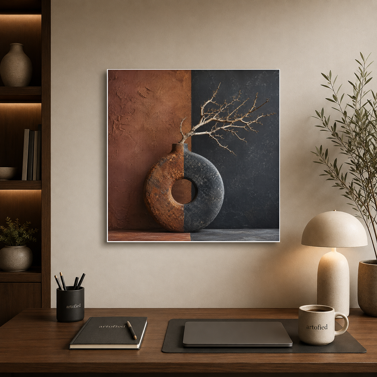 Duality: Earth and Sky – Golden branch against the earth's shadow – Premium Metal Poster - Artofied