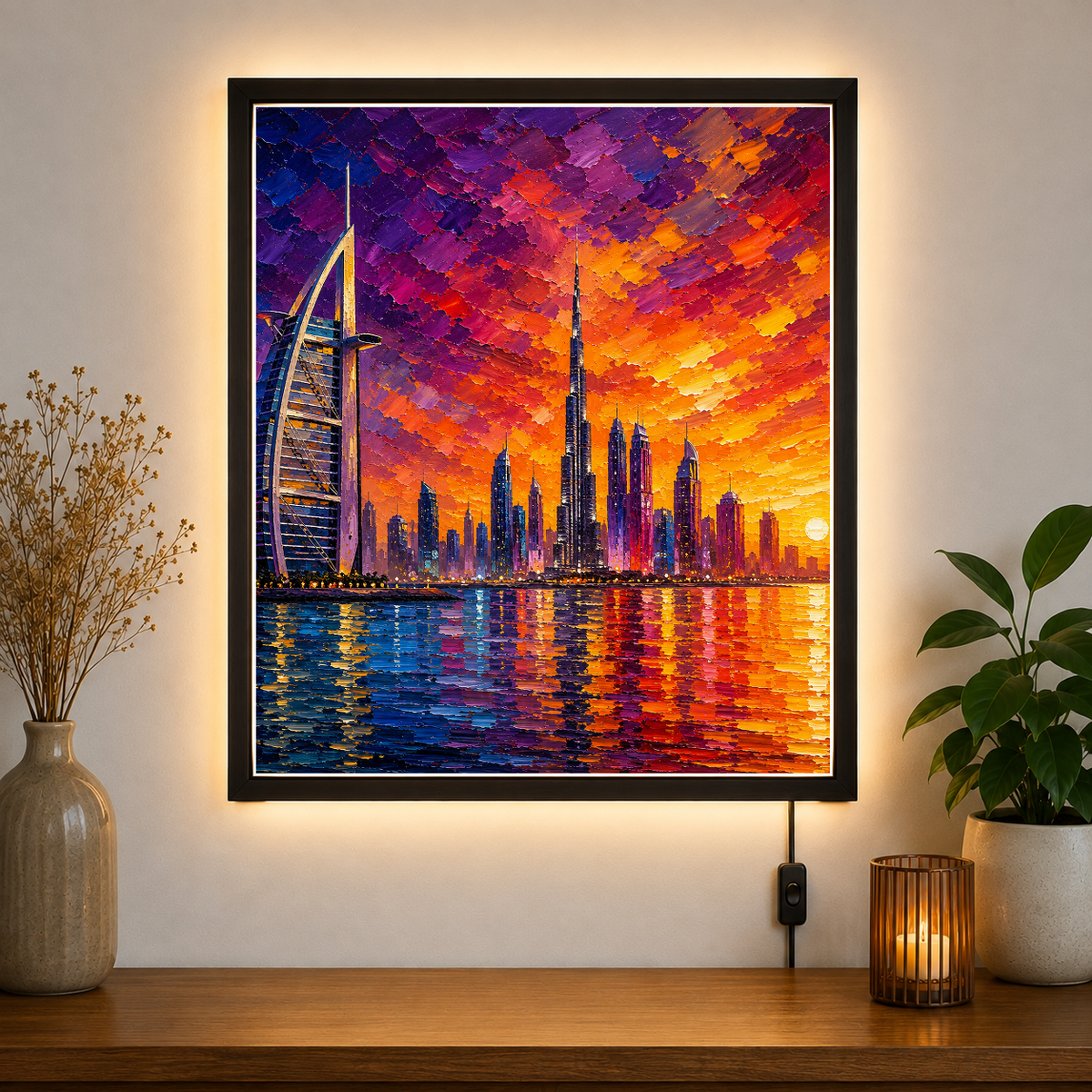 Dubai Skyline at Golden Sunset – Where urban grandeur meets fiery skies – Acrylic Glowing Frame - Artofied