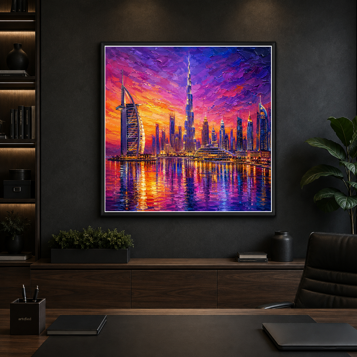 Dubai Skyline at Golden Sunset – Where ambition meets the horizon in light – Framed Metal Poster - Artofied