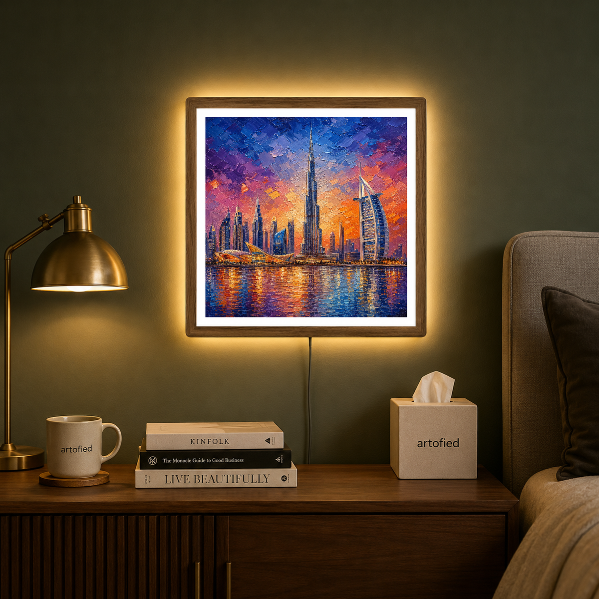Dubai Skyline at Sunset – Purple and gold ignite the glass towers – Acrylic Glowing Frame - Artofied