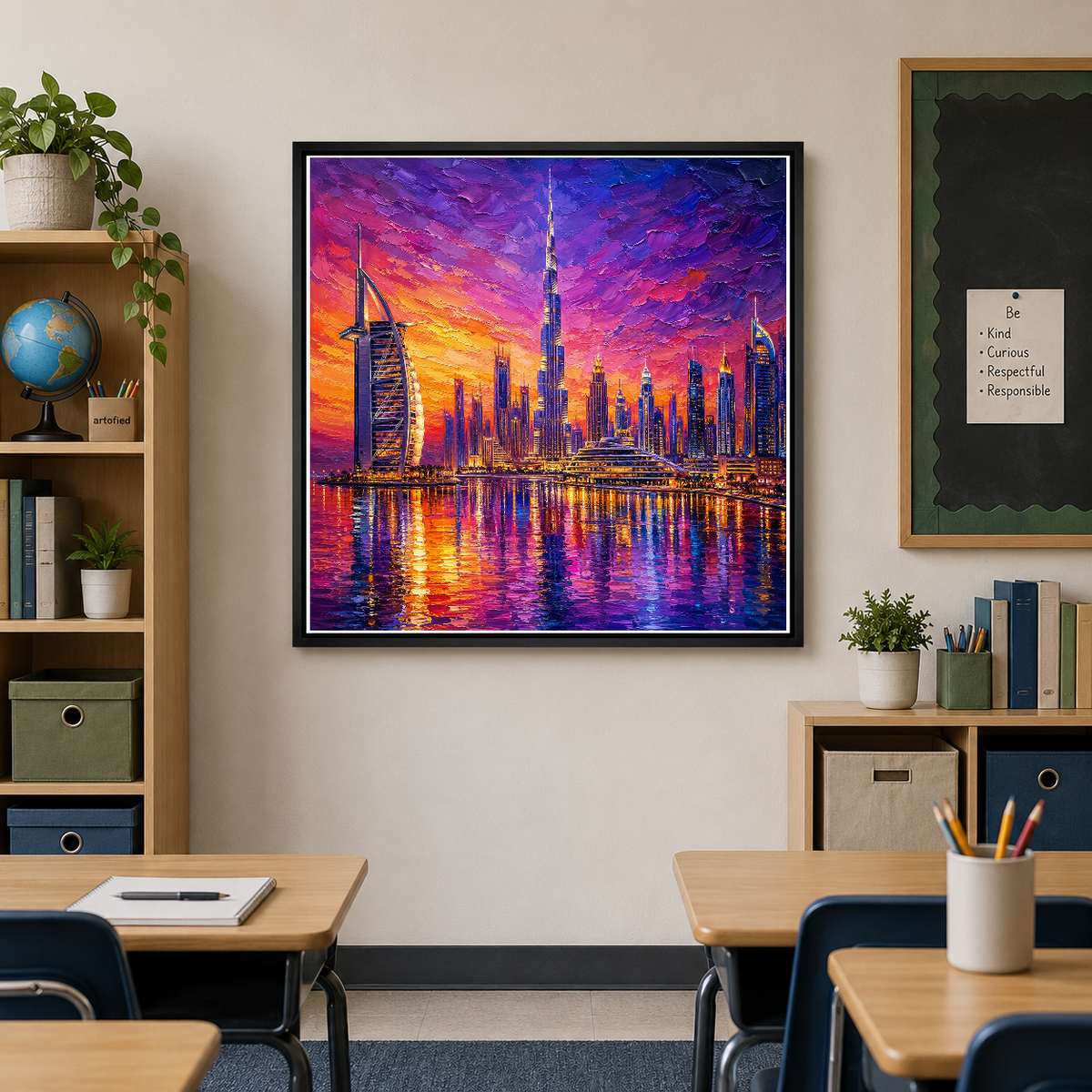 Dubai Skyline at Sunset – Purple and gold ignite the skyline – Framed Metal Poster - Artofied