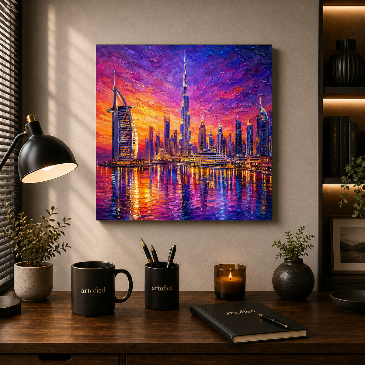 Dubai Skyline at Sunset – Purple and gold ignite the skyline – Premium Metal Poster - Artofied