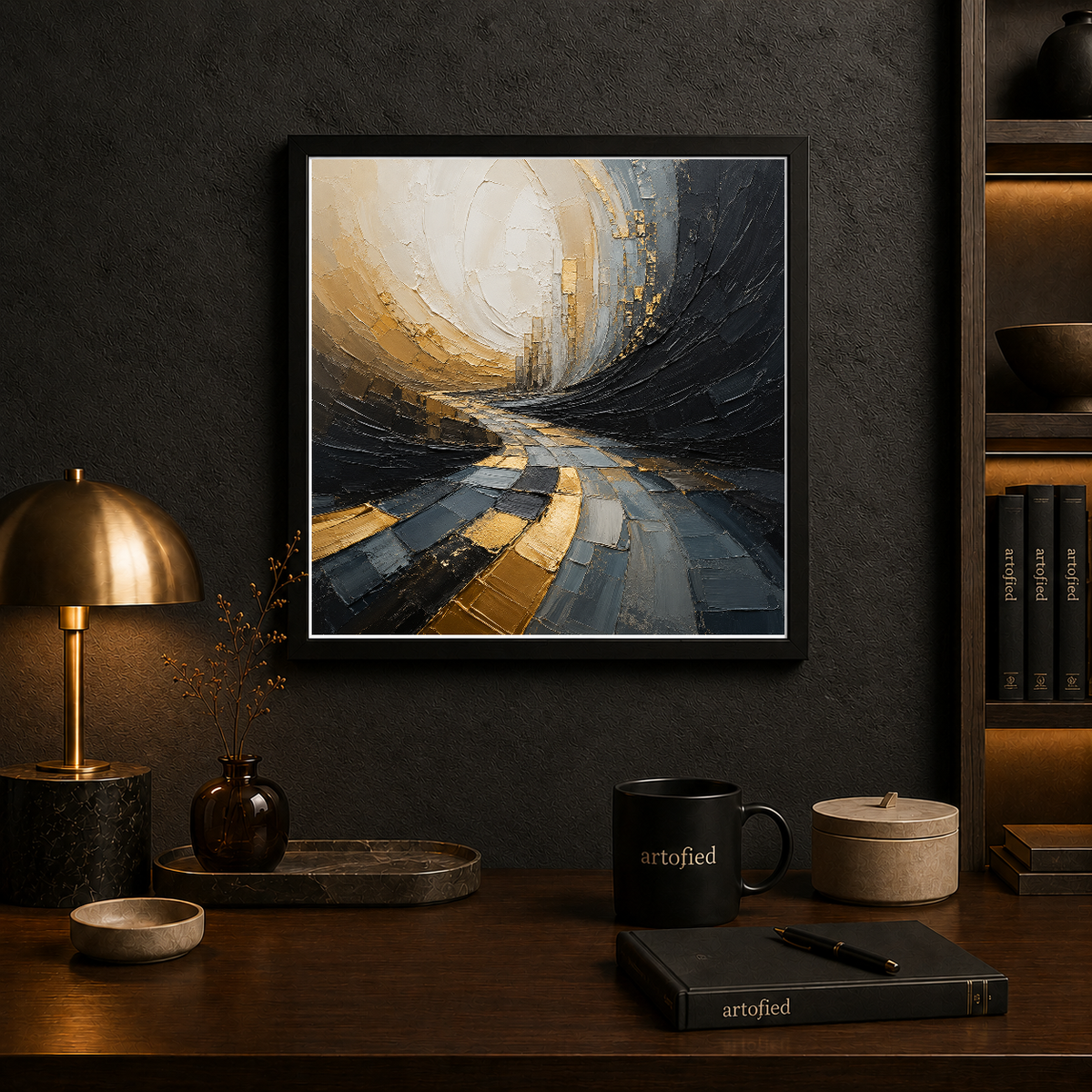Ethereal Passage Through Light and Shadow – Charcoal curves dissolving into gold – Framed Metal Poster - Artofied
