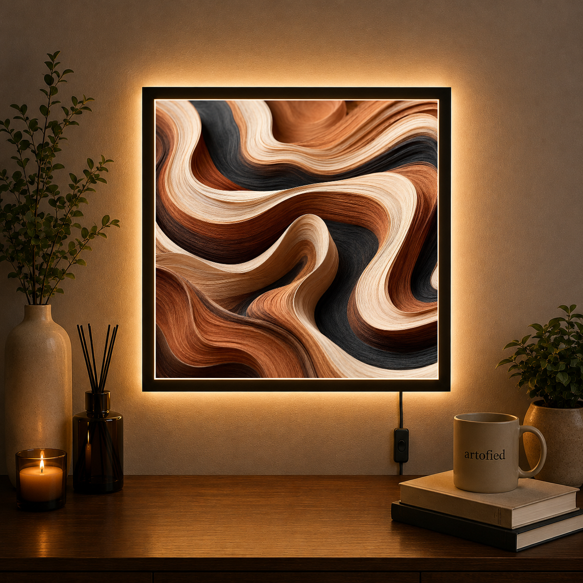 Flowing Layers of Warm Abstraction – Amber waves drift through charcoal stillness – Acrylic Glowing Frame - Artofied
