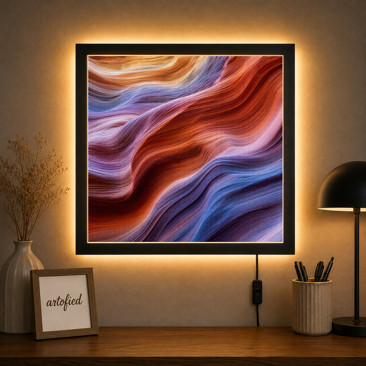 Flowing Silk: Abstract Waves in Jewel Tones – Silk and shadow pooling in jewel tones – Acrylic Glowing Frame - Artofied