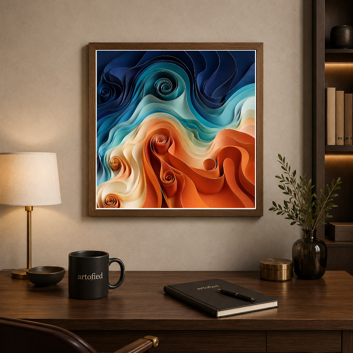 Flowing Waves of Ocean and Flame – Navy spirals ignite turquoise flames – Framed Metal Poster - Artofied