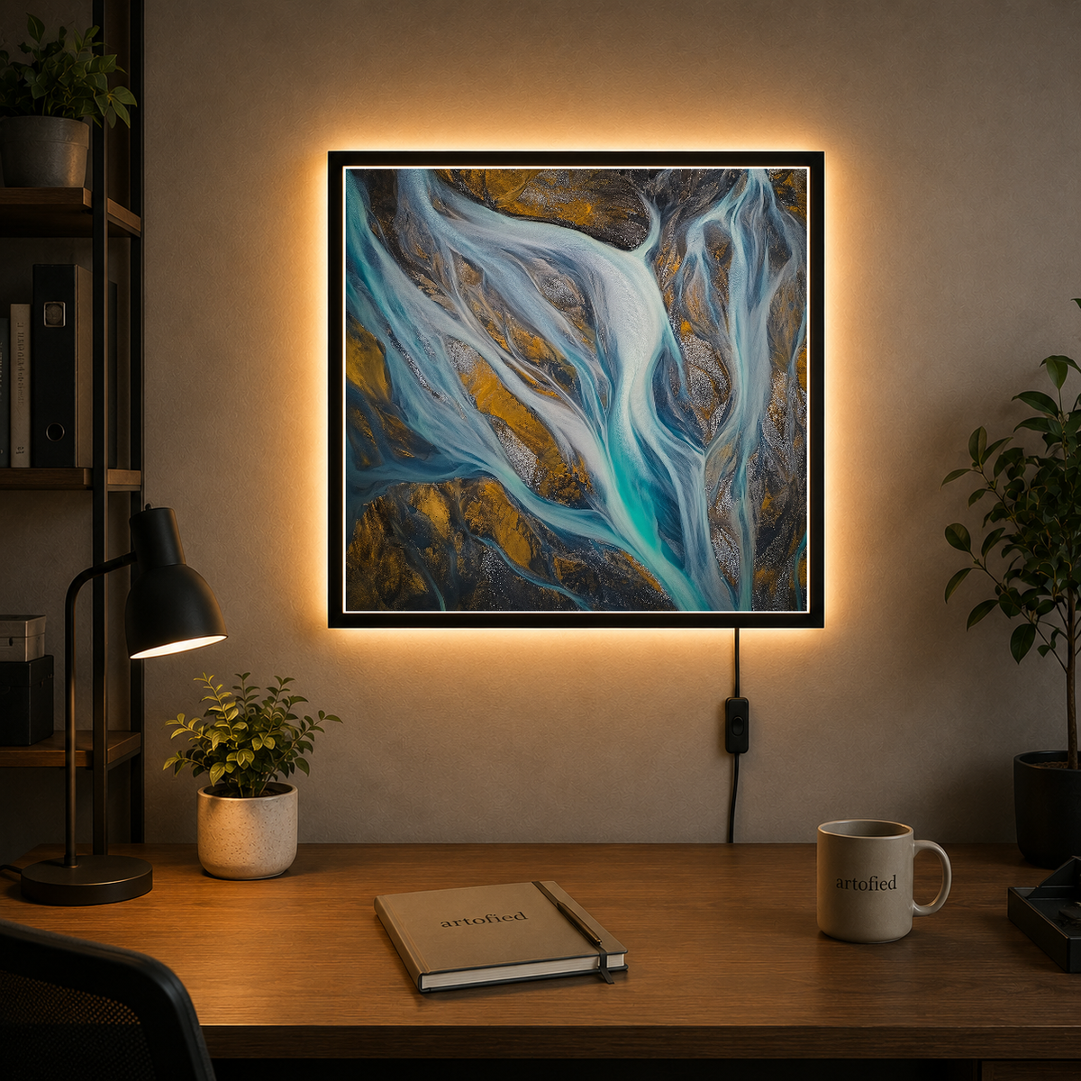 Glacial Rivers: Aerial Water Dance – Glacial meltwater etches blue through stone – Photo Frame Wall Lamp - Artofied