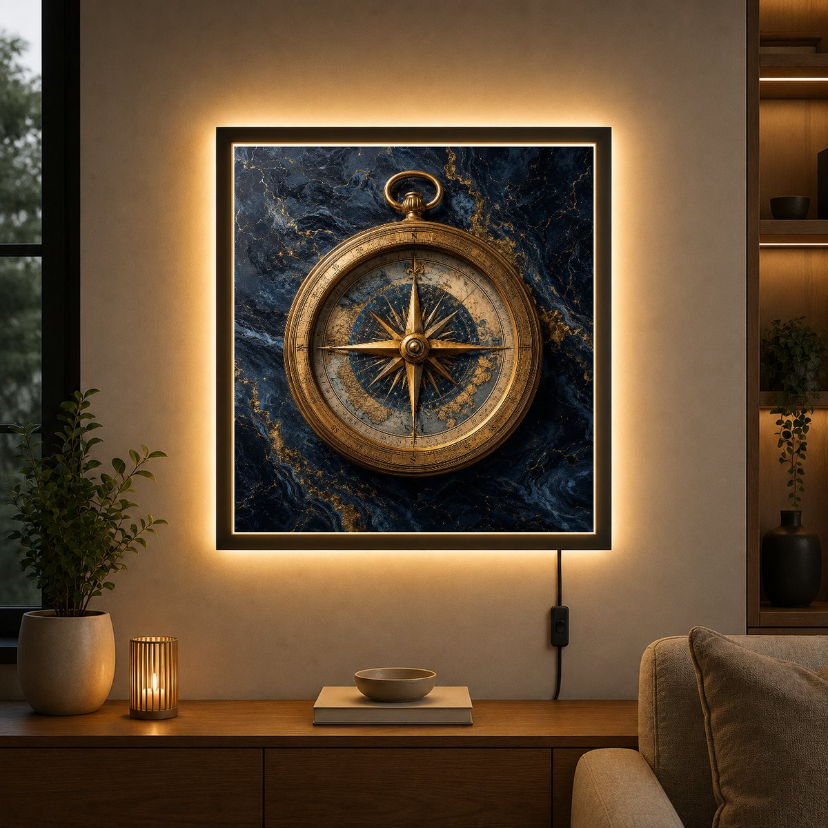 Golden Compass on Marble – Gold needle pointing true on navy stone – Acrylic Glowing Frame - Artofied