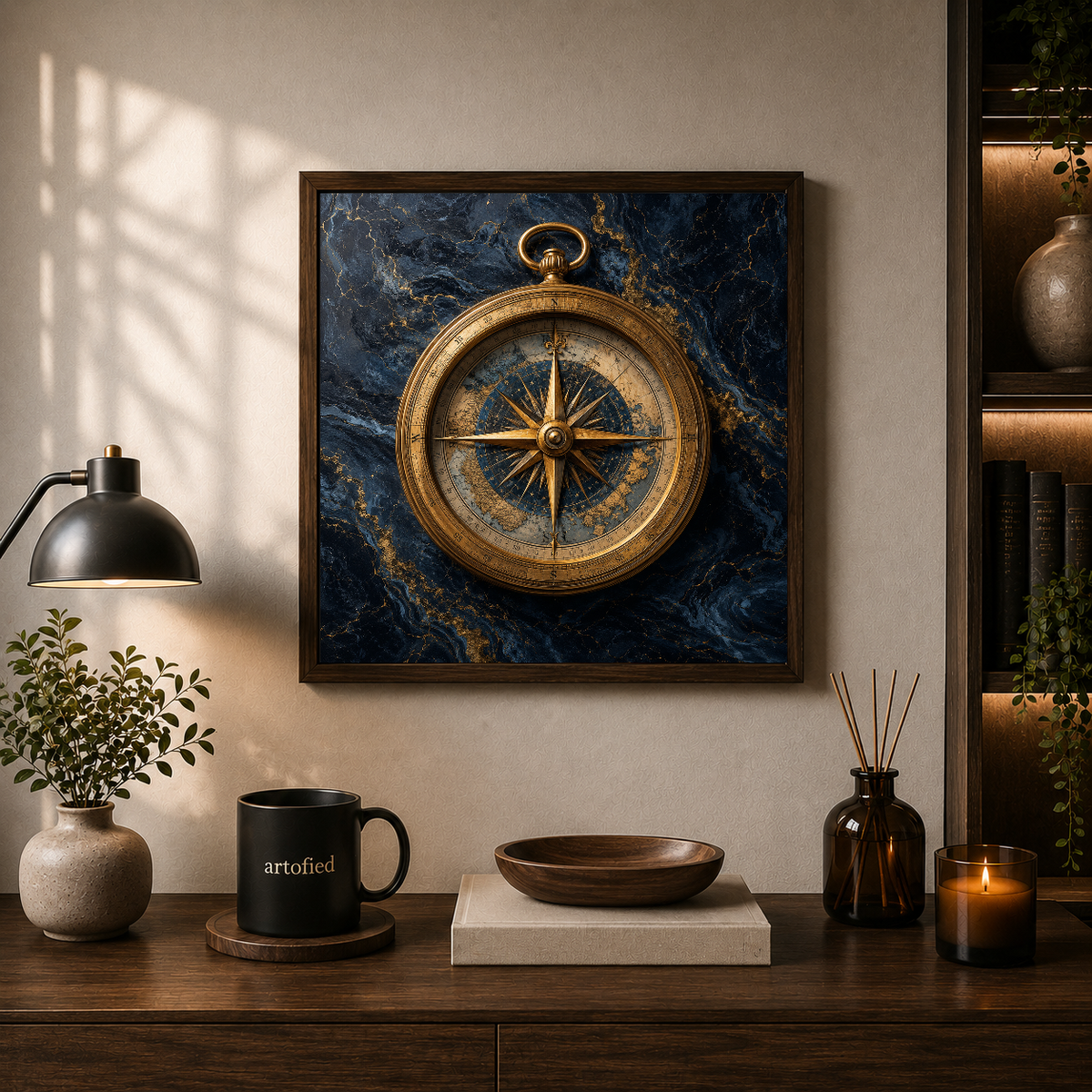 Golden Compass on Marble – Gold needle pointing true on navy stone – Framed Metal Poster - Artofied