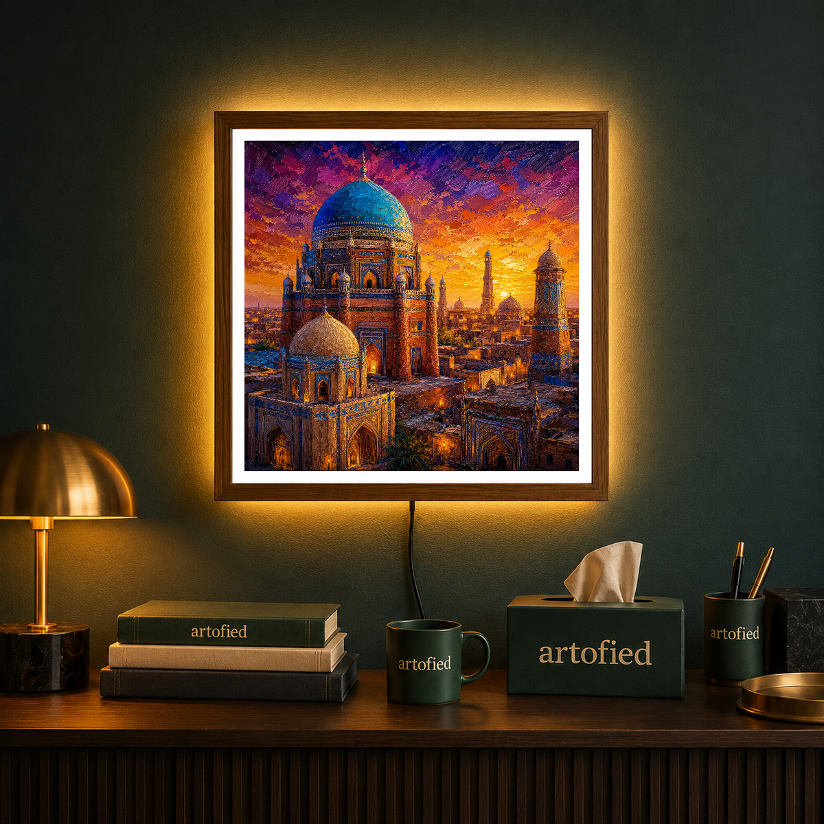 Golden Domes at Sunset Over the City – Domes glowing amber against twilight purple – Photo Frame Wall Lamp - Artofied
