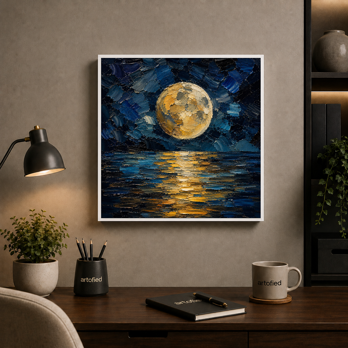 Golden Moon Over Midnight Waters – Gold floating on midnight blue depths – Framed Metal Poster - Artofied