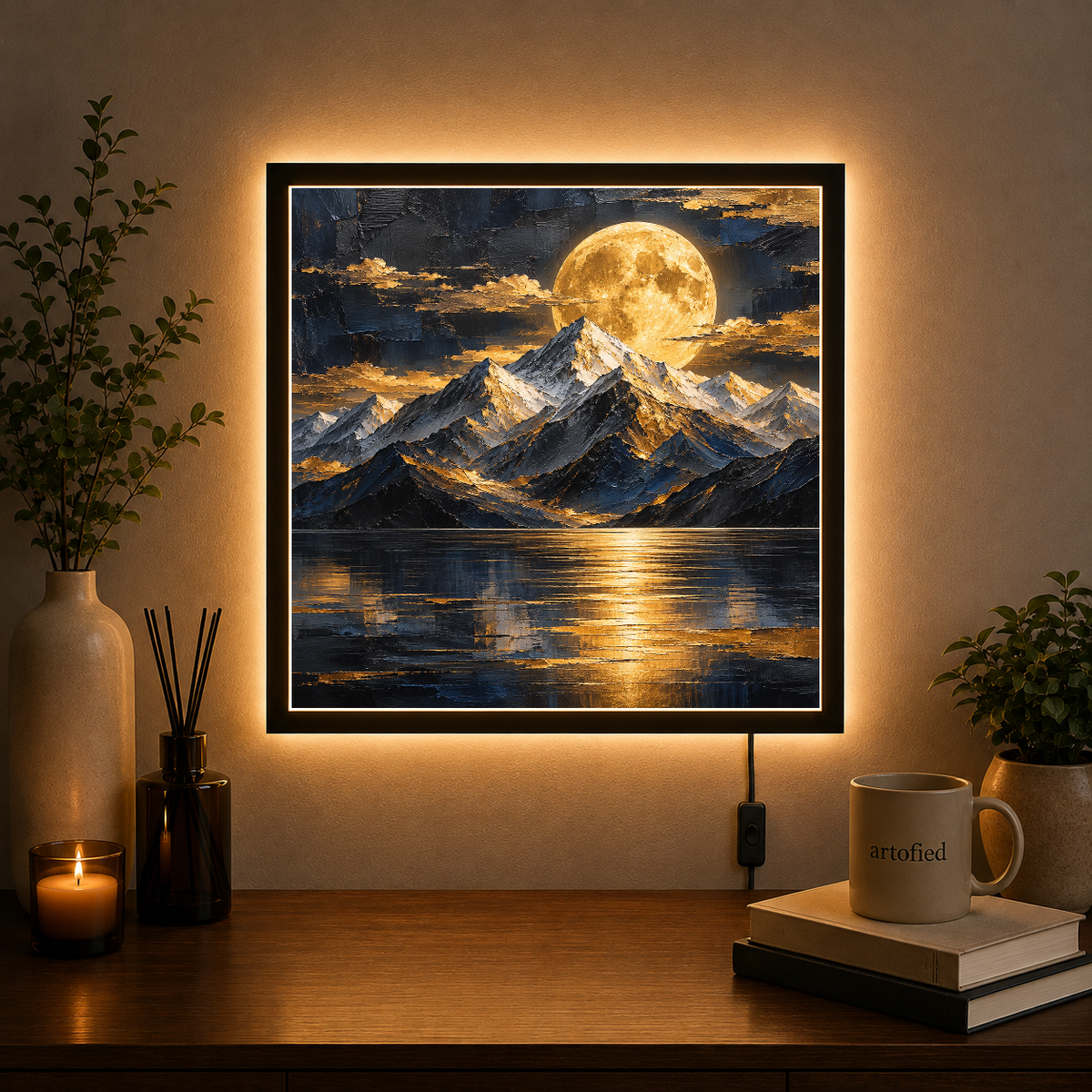 Golden Moon Over Mountain Lake – Molten gold spills across frozen silence – Acrylic Glowing Frame - Artofied