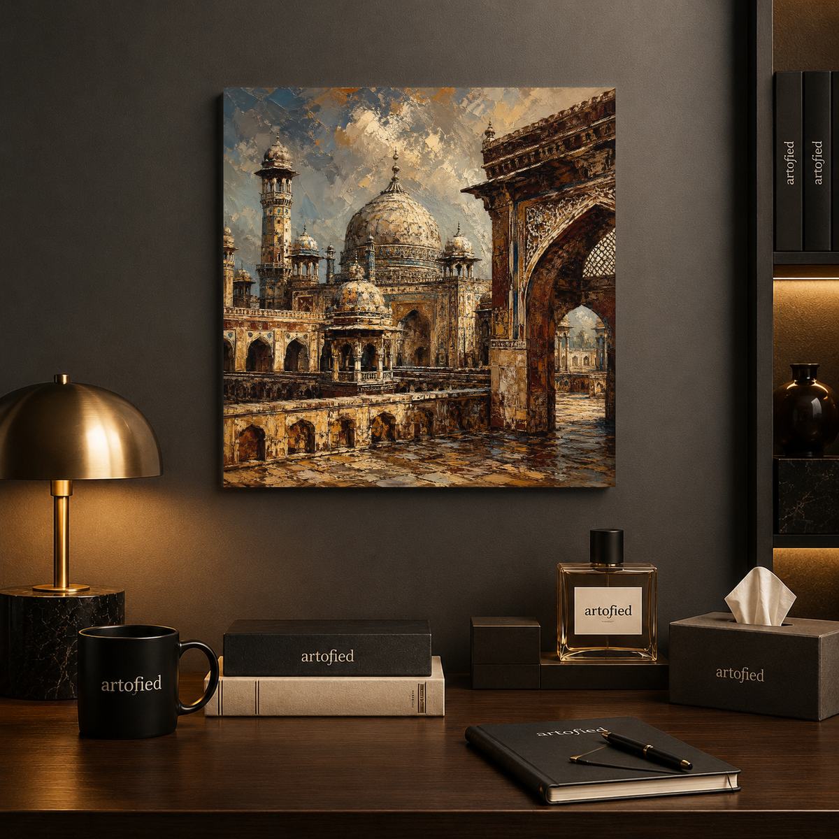 Golden Mosque at Dawn – Timeless architecture bathed in golden light – Premium Metal Poster - Artofied
