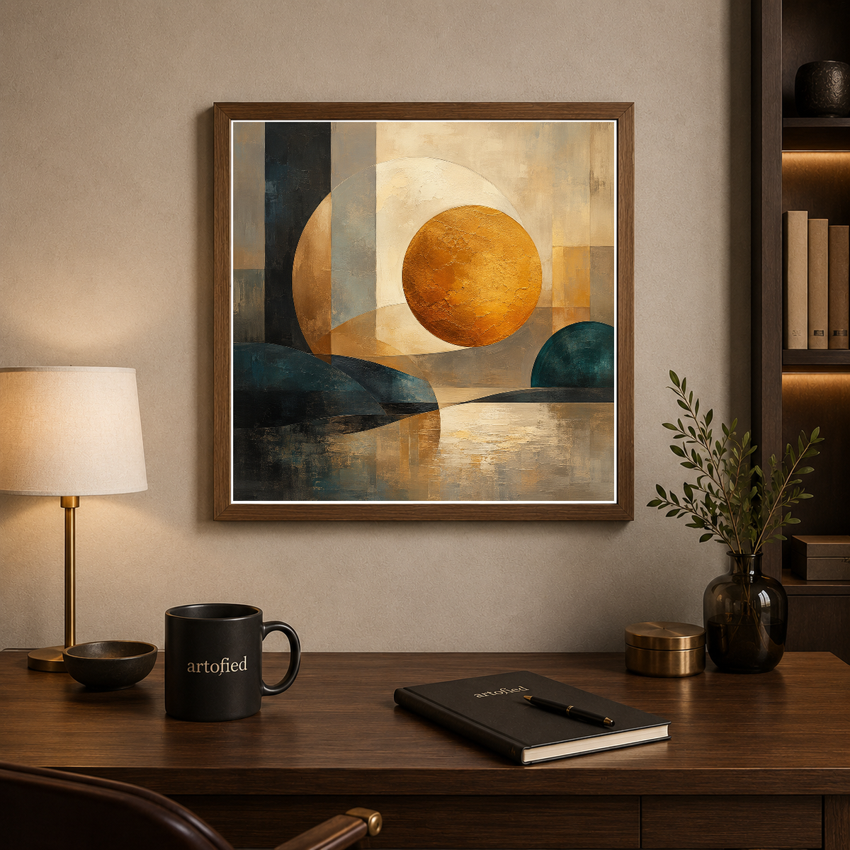 Golden Sphere in Contemplative Stillness – Golden orbs reflected in perfect stillness – Framed Metal Poster - Artofied