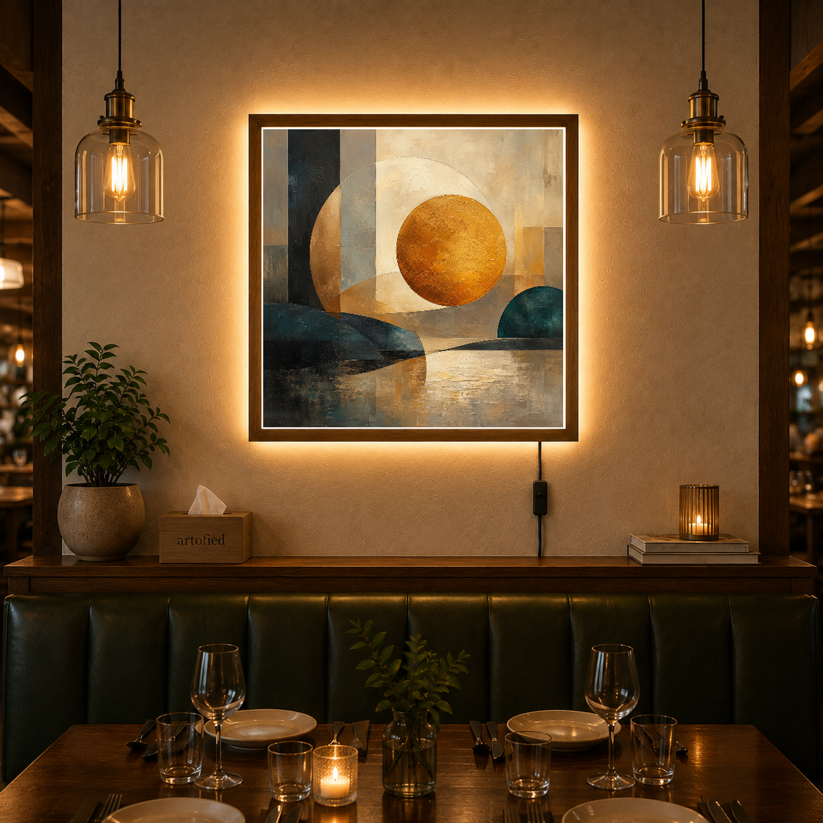 Golden Sphere in Contemplative Stillness – Golden orbs reflected in perfect stillness – Photo Frame Wall Lamp - Artofied