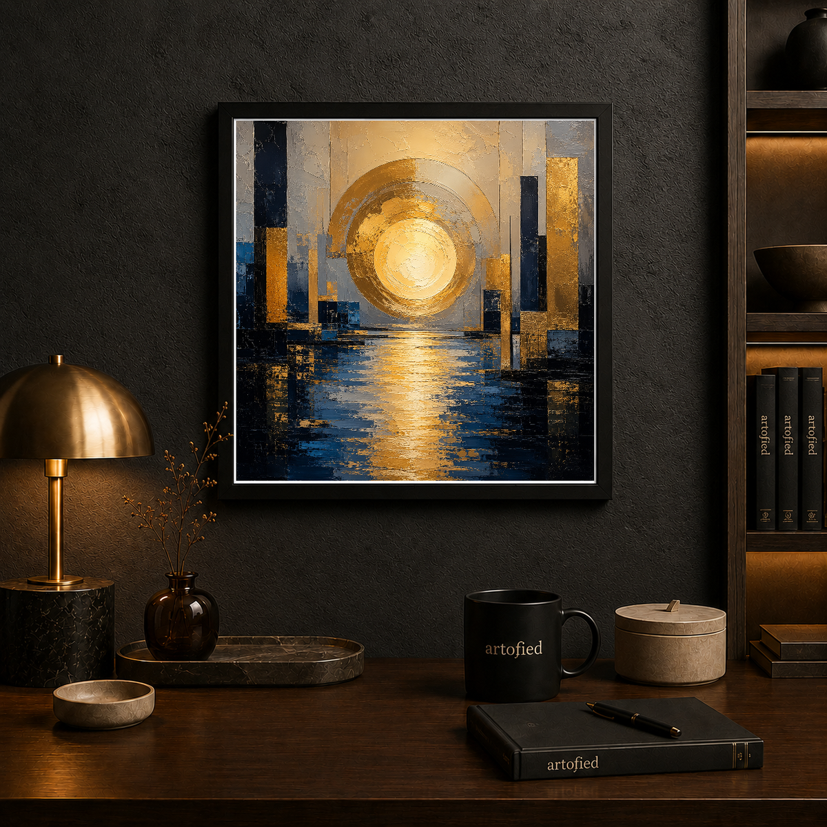 Golden Sunrise Over Urban Waters – Golden light pools between silent columns – Framed Metal Poster - Artofied