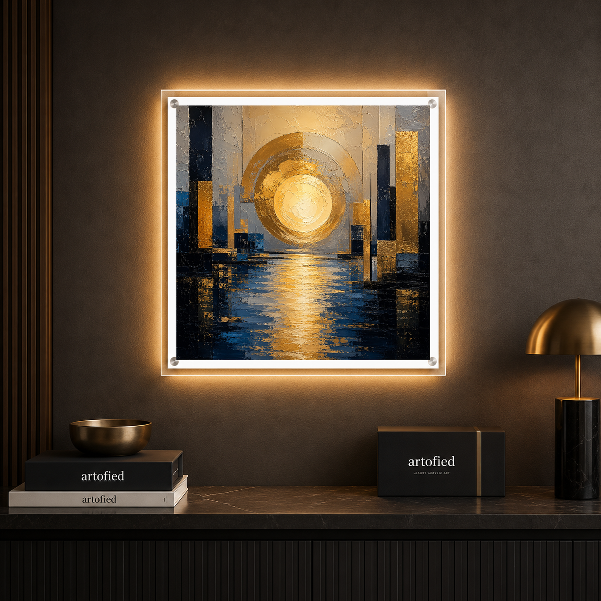 Golden Sunrise Over Urban Waters – Golden light pools between silent columns – Photo Frame Wall Lamp - Artofied