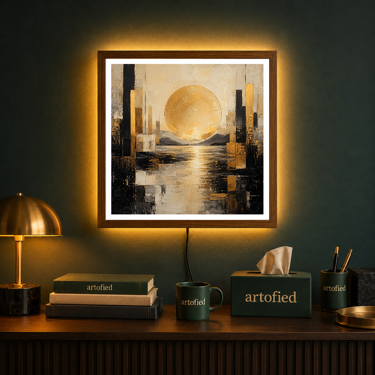 Golden Sunset Over Architectural Waters – Gold reflects in stillness, architecture breathes – Photo Frame Wall Lamp - Artofied