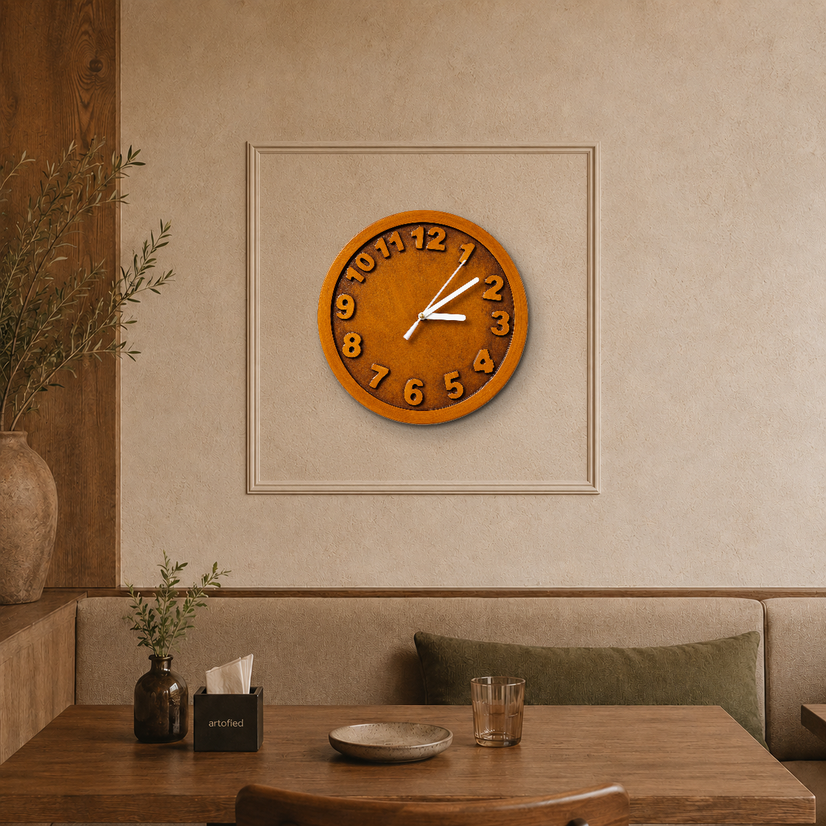 Honey Numbers Classic wooden wall clock in a cafe with a sculpted plaster border