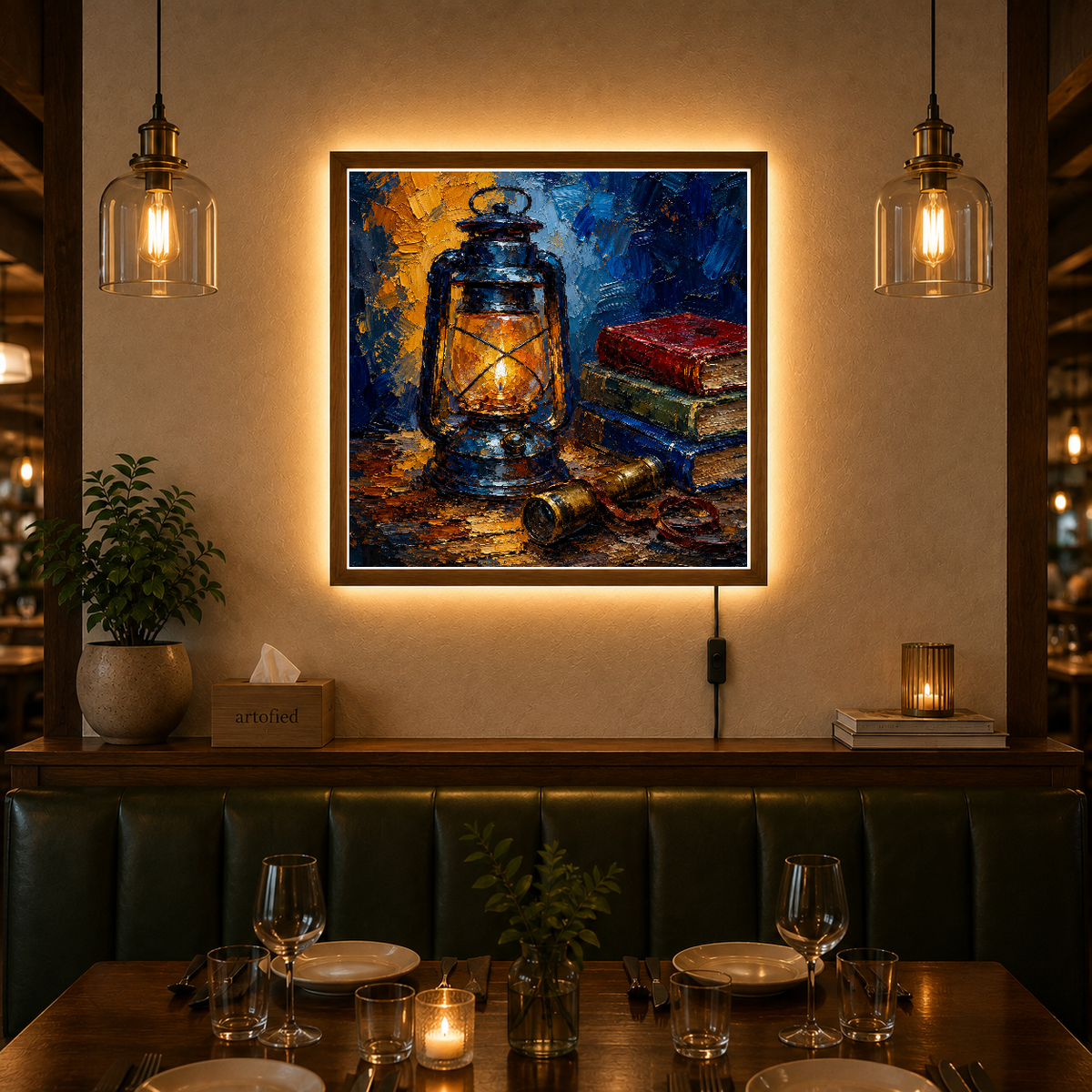 Lantern's Glow: A Study in Solitude – Amber glow on weathered pages, deep blue silence – Acrylic Glowing Frame - Artofied