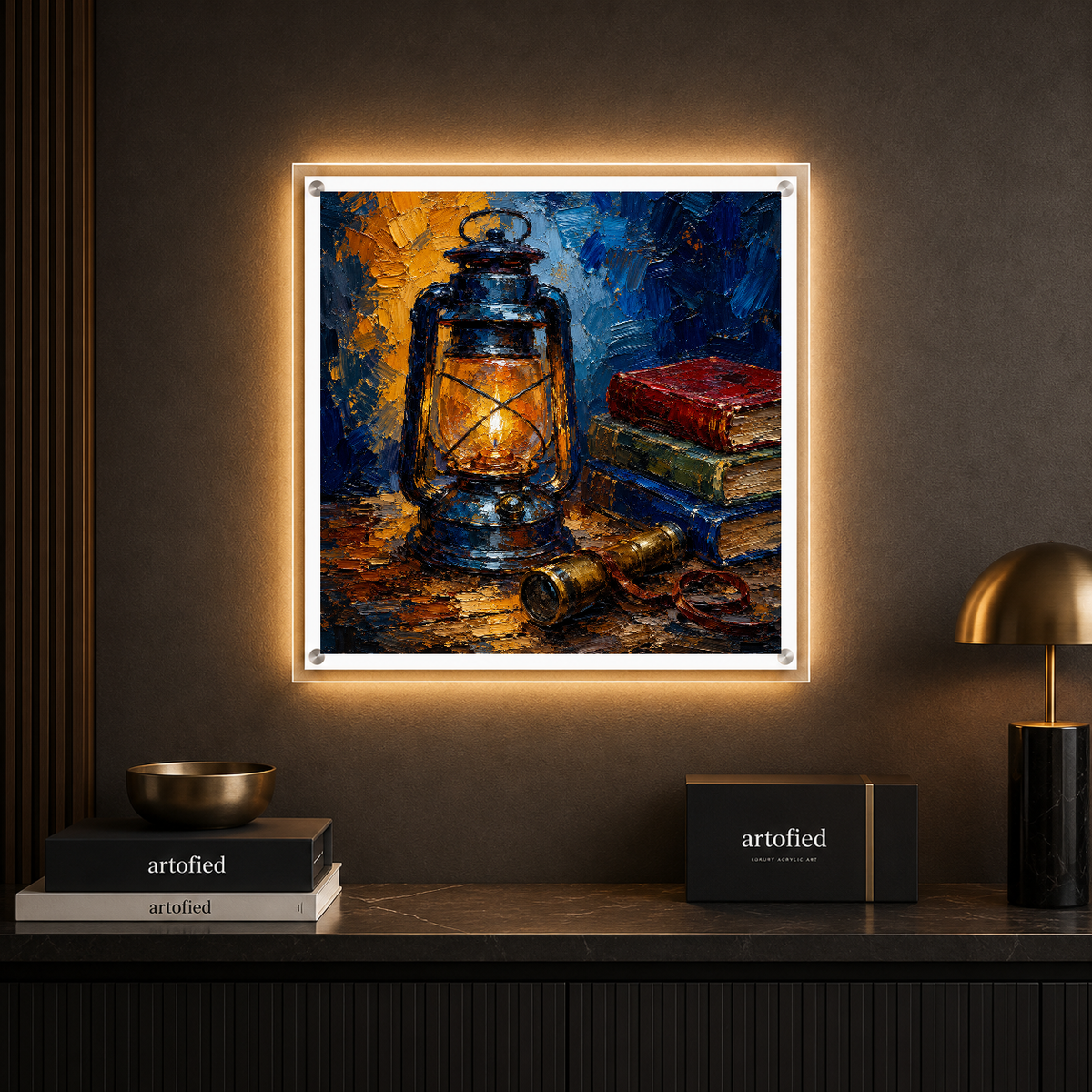 Lantern's Glow: A Study in Solitude – Amber glow on weathered pages, deep blue silence – Photo Frame Wall Lamp - Artofied