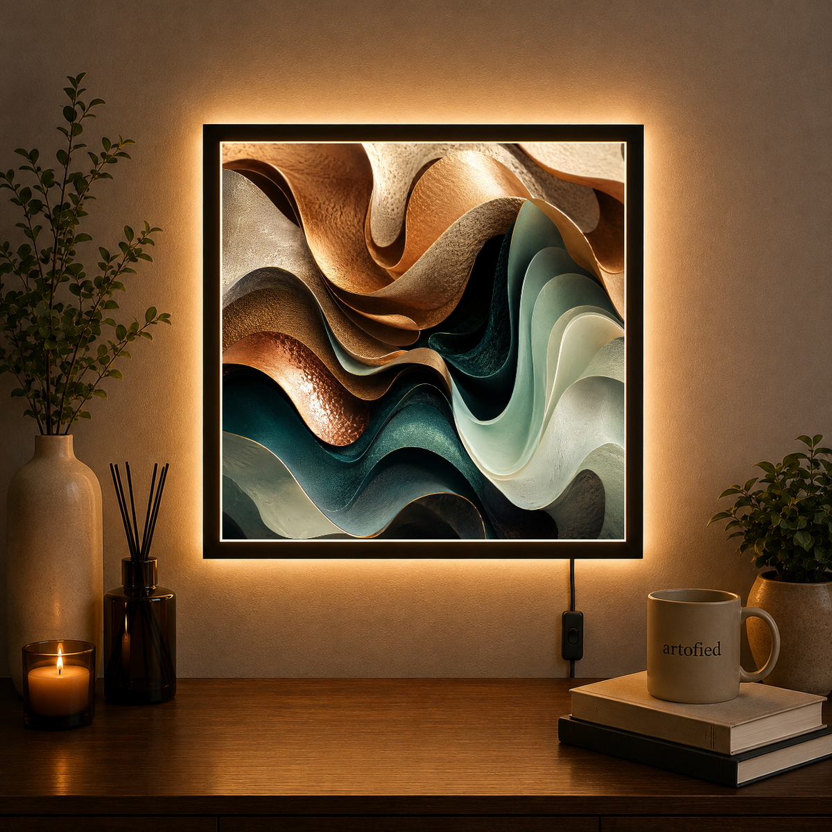 Layered Abstractions in Warm Earth – Copper and teal in gentle motion – Acrylic Glowing Frame - Artofied