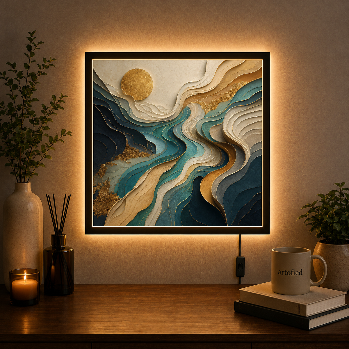 Layered Landscape with Golden Sun – Golden orb rises through layered depths – Photo Frame Wall Lamp - Artofied