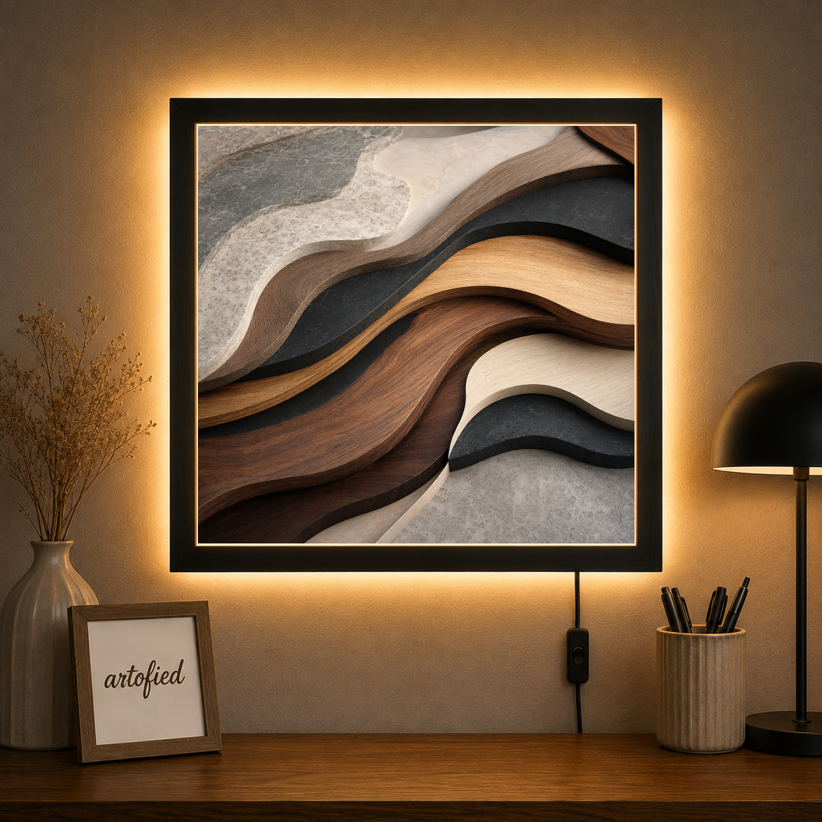 Layered Waves in Wood and Stone – Warm wood against cool stone, flowing. – Photo Frame Wall Lamp - Artofied