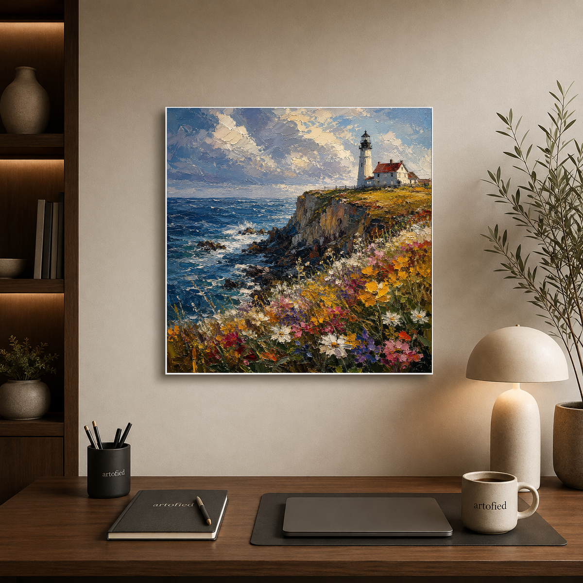 Lighthouse Cliffs with Wildflowers – Wildflowers gold against endless blue – Premium Metal Poster - Artofied