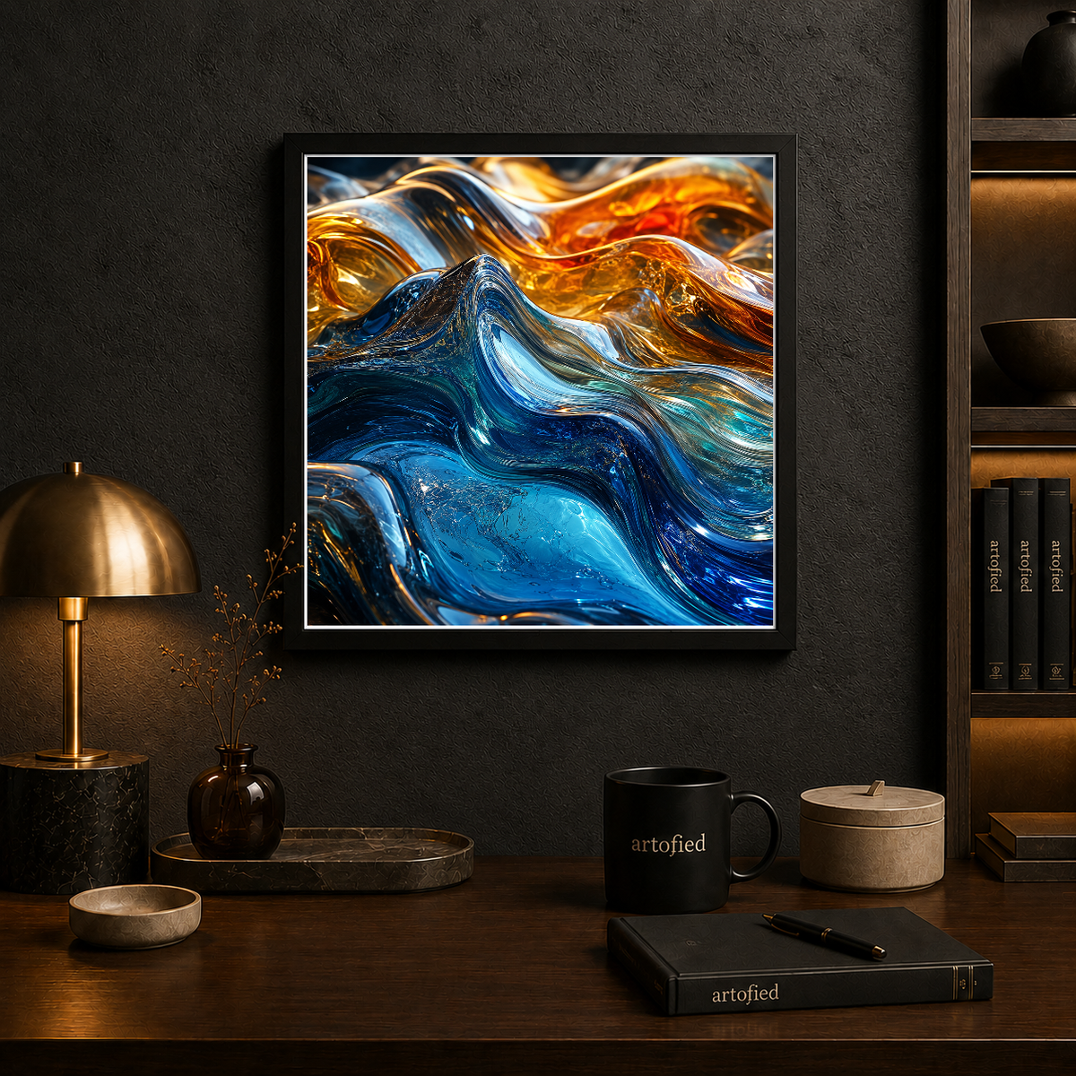 Liquid Gold and Sapphire Waves – Molten gold bleeds into sapphire depths – Framed Metal Poster - Artofied