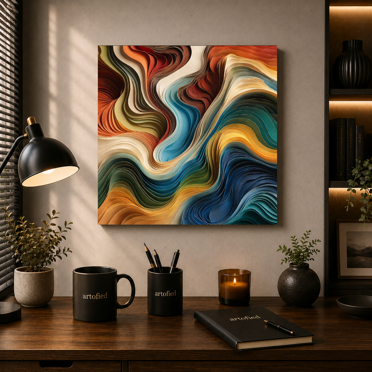 Liquid Motion: Waves of Reverie – Burnt orange swirls through teal depths – Premium Metal Poster - Artofied