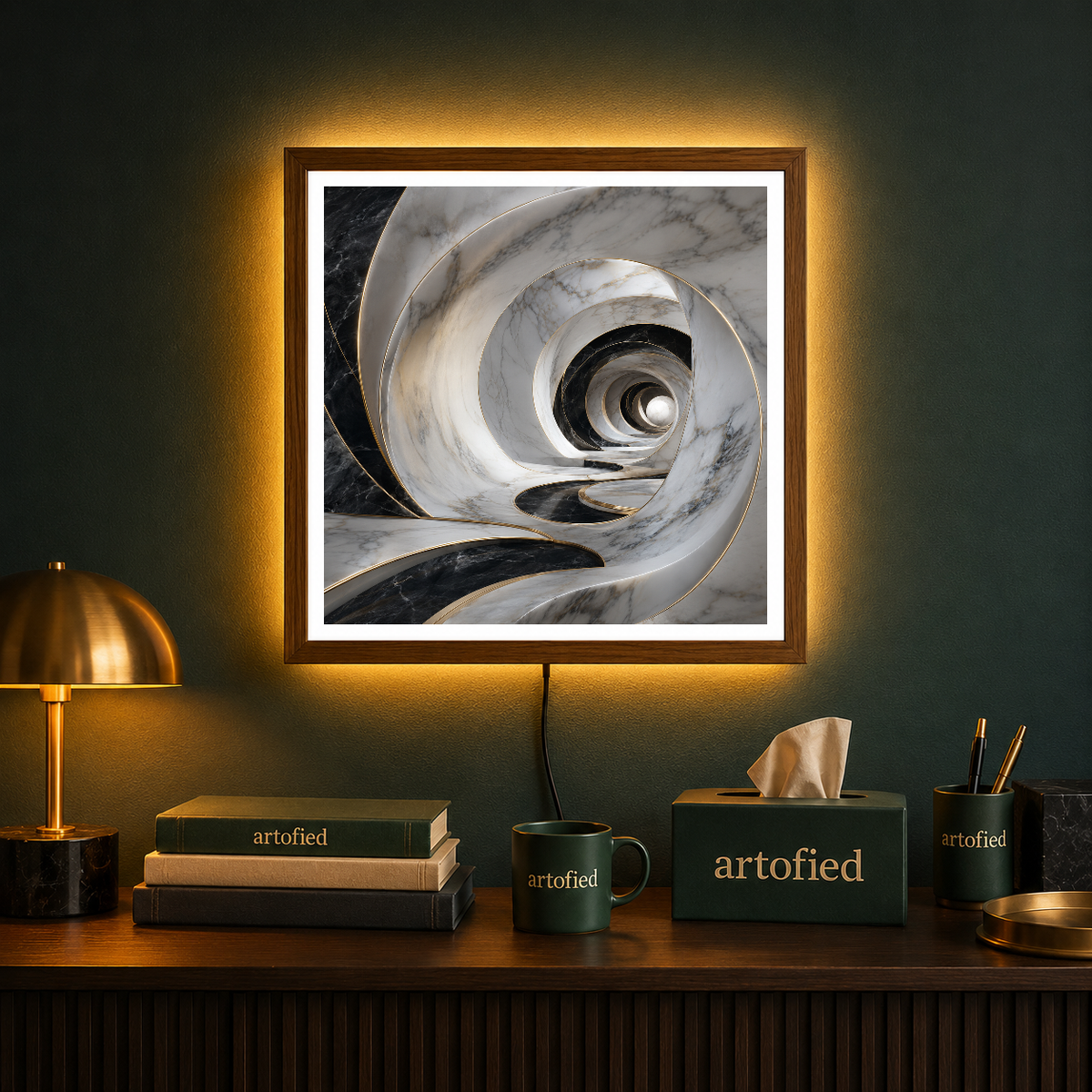 Marble Spiral: Light Through Stone – Spiraling shadow and marble reveal depth – Acrylic Glowing Frame - Artofied