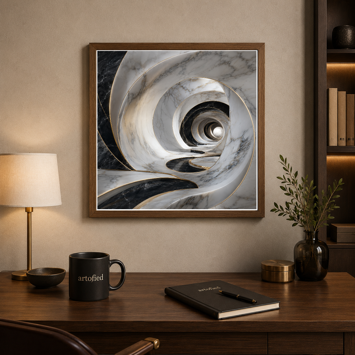 Marble Spiral: Light Through Stone – Spiraling shadow and marble reveal depth – Framed Metal Poster - Artofied
