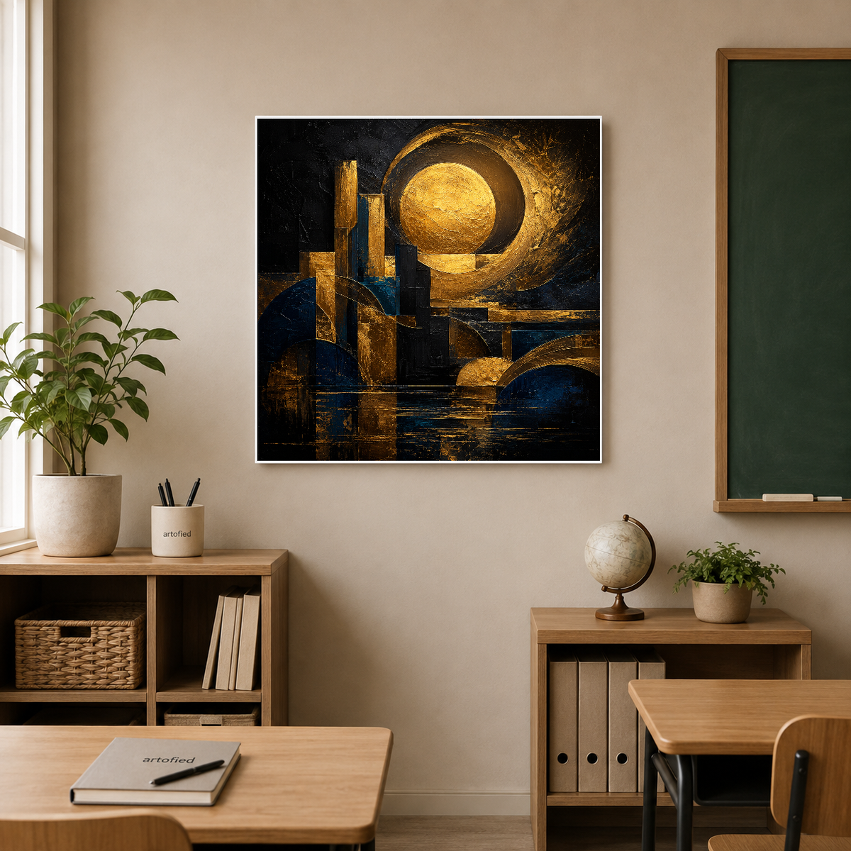 Moon Through Golden Geometry – Gold geometry frames the indigo night. – Premium Metal Poster - Artofied