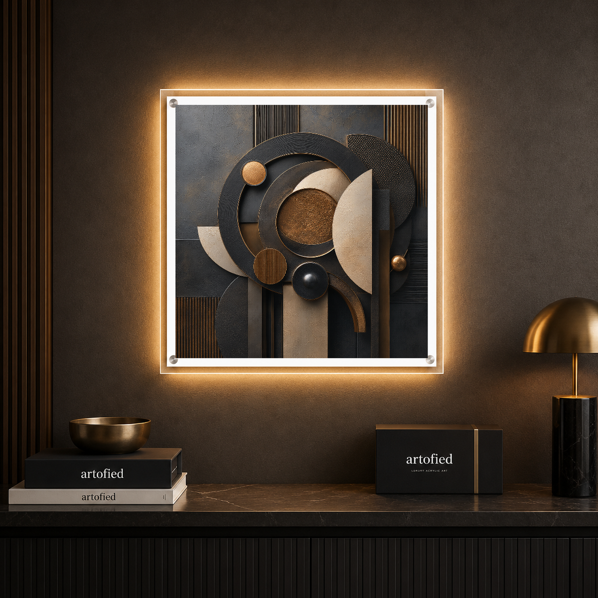 Orbital Geometry in Gold & Charcoal – Charcoal circles compose a bronze reverie – Acrylic Glowing Frame - Artofied