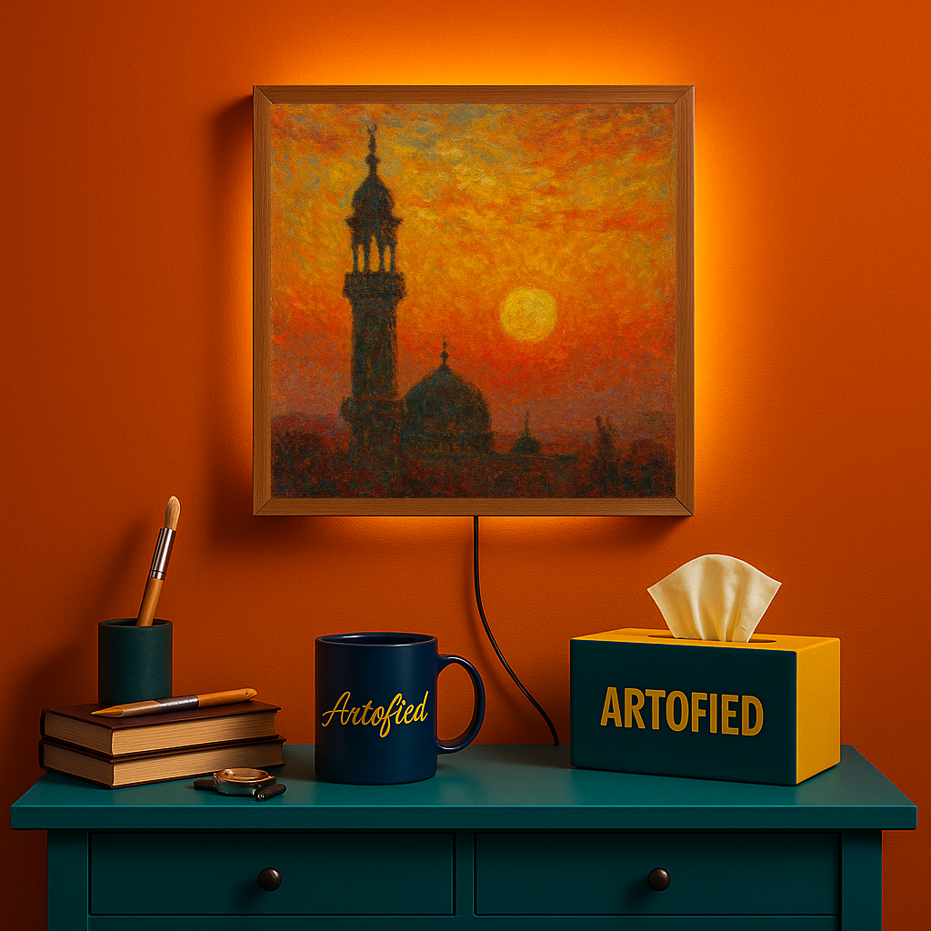 When the Day Learns to Breathe — Sunset Over the Mosque – Acrylic Glowing Frame
