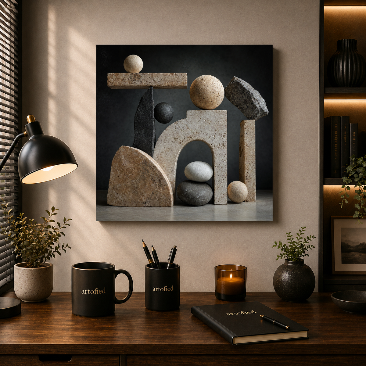Sculptural Geometry in Stone and Shadow – Stone catches light, casts quiet geometry – Premium Metal Poster - Artofied