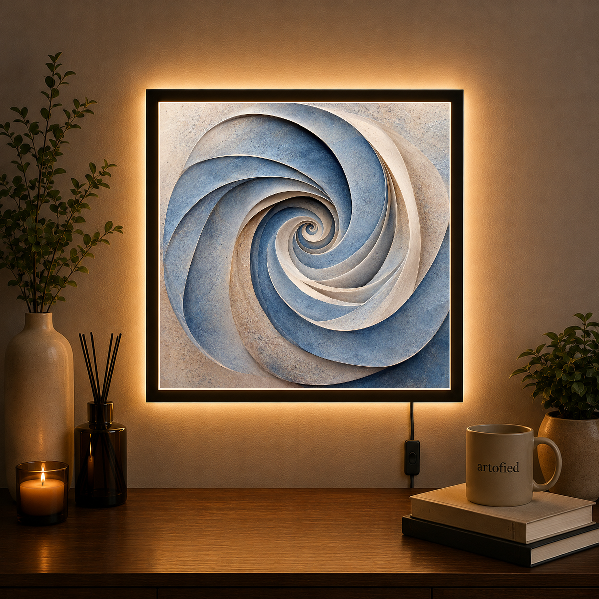 Spiral Reverie in Stone – Shadows spiral inward through layered stone – Photo Frame Wall Lamp - Artofied