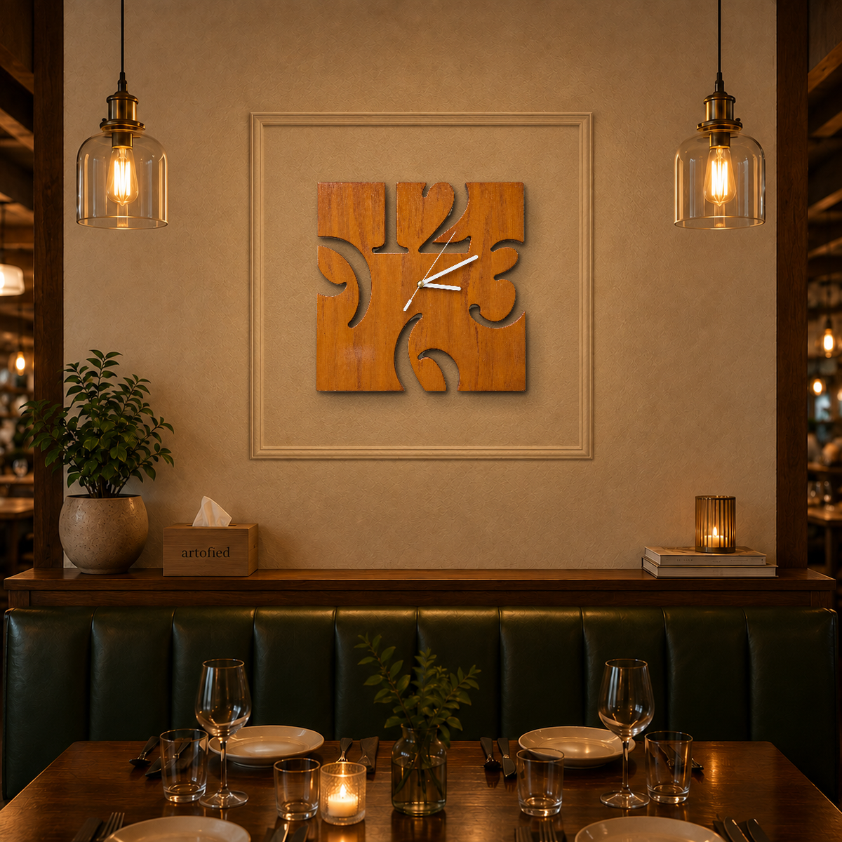 Square Quarters Cutout wooden wall clock in a warm restaurant with a plaster wall panel