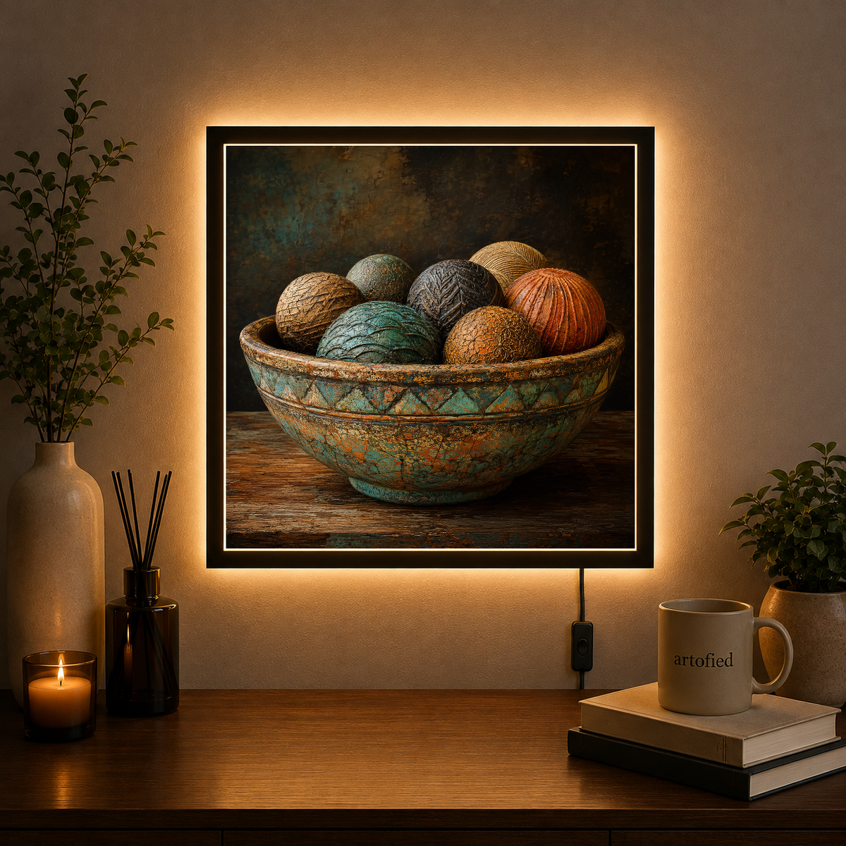 Textured Vessels in Turquoise & Gold – Rust and verdigris speak in stillness – Photo Frame Wall Lamp - Artofied